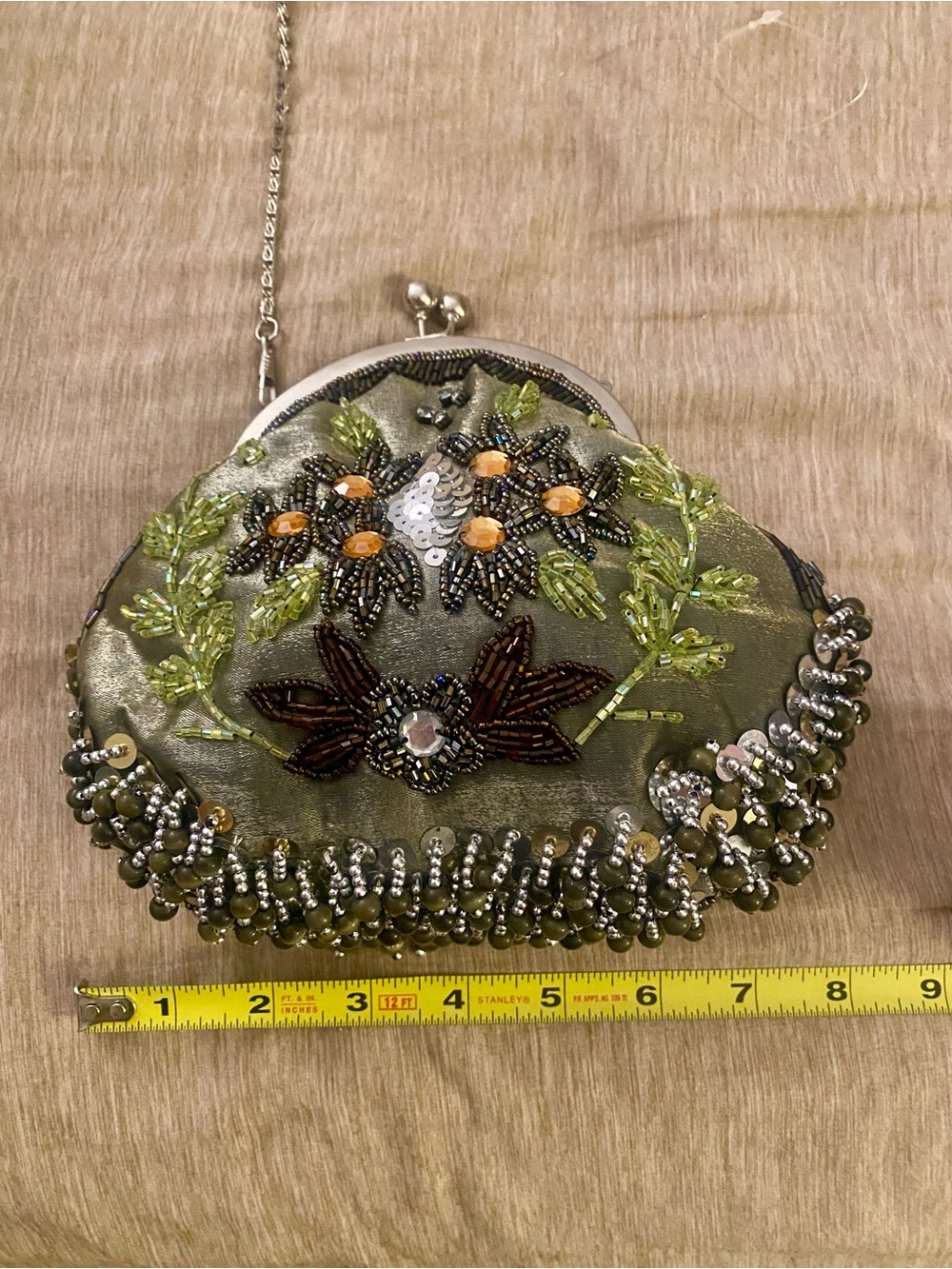 For Renewredo - Vintage Beaded Floral Kisslock Evening Bag Olive Green | 2 chain - Picture 7 of 10